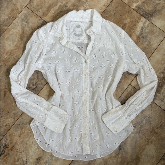 Cino Tops - Vintage Cino Boutique Eyelet White Floral Cutout Button Blouse Top Cottage Boho